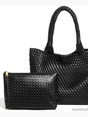 Vegan Leather Woven Tote Bag with Pouch for Laptops